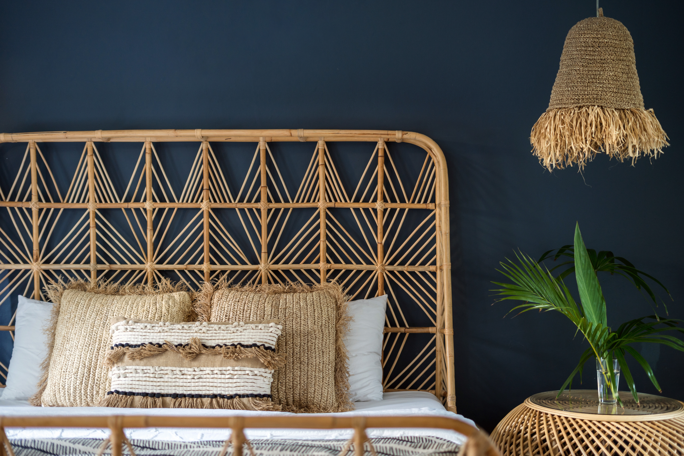 boho headboard in blue bedroom design