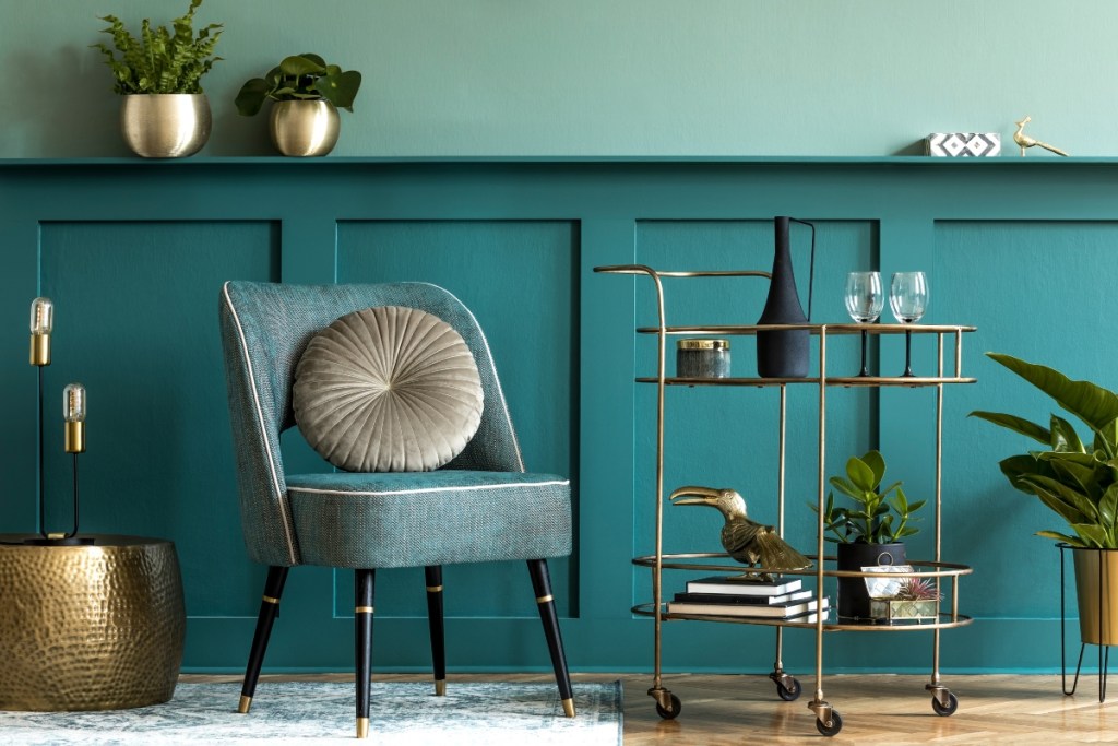 blue and turquoise room decor with metal details