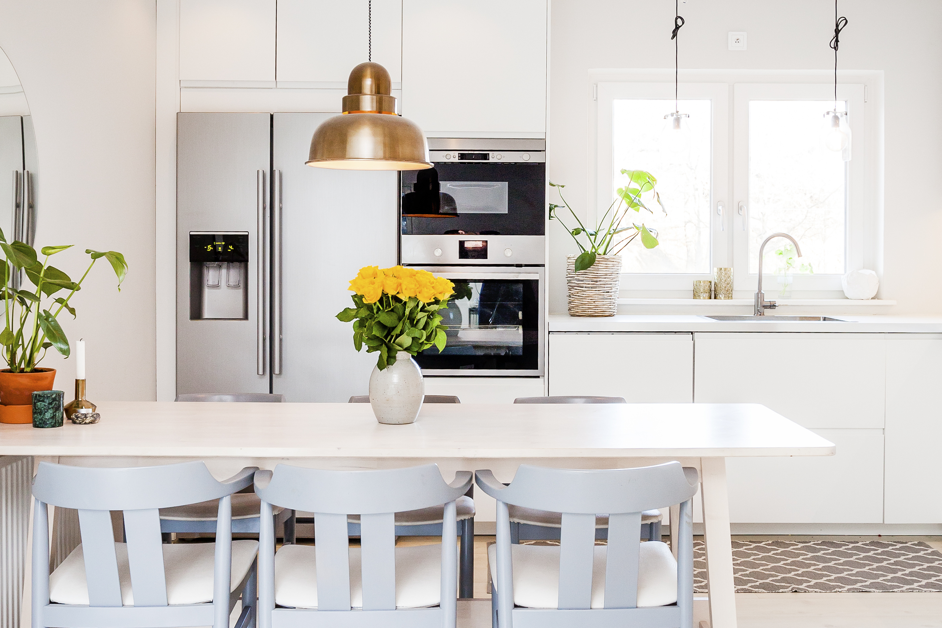 Clean, bright kitchen with seating