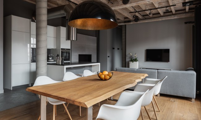 Contemporary industrial loft with black ceiling and large pendant light