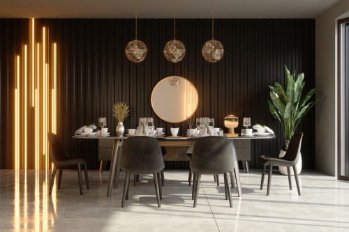 Dark brown luxe modern dining room with pendant lighting