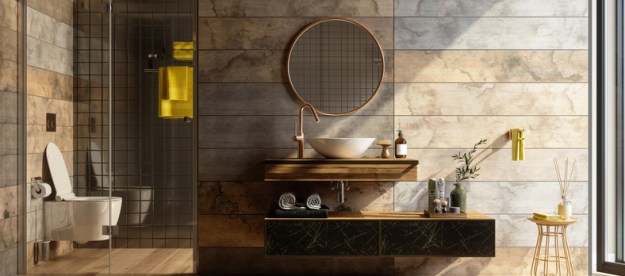 what colors go with beige bathroom tiles luxury interior shower  toilet mirror and yellow towels
