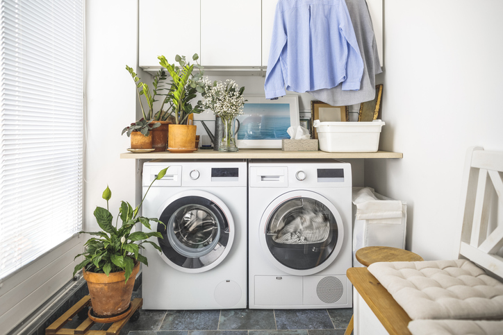 small laundry room with washer and dryer and potted plants