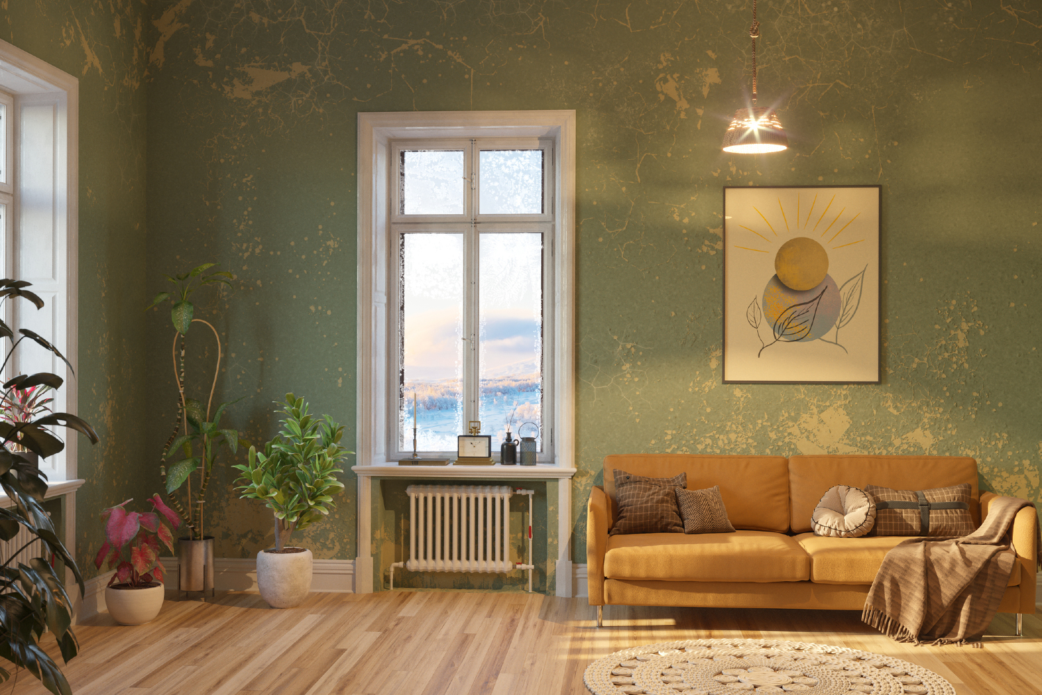 Green living room with brown couch.