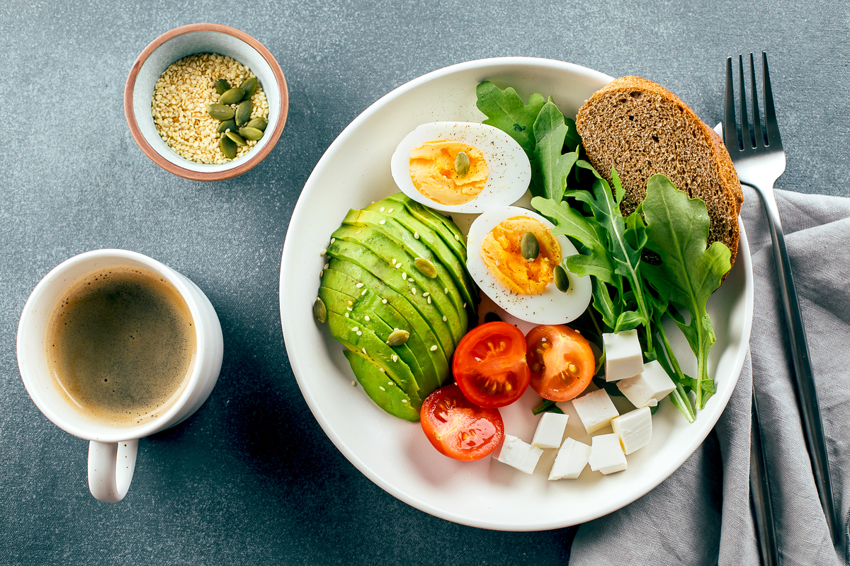 Healthy breakfast plate with coffee