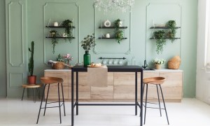 mint walls in midcentury modern dining kitchen area