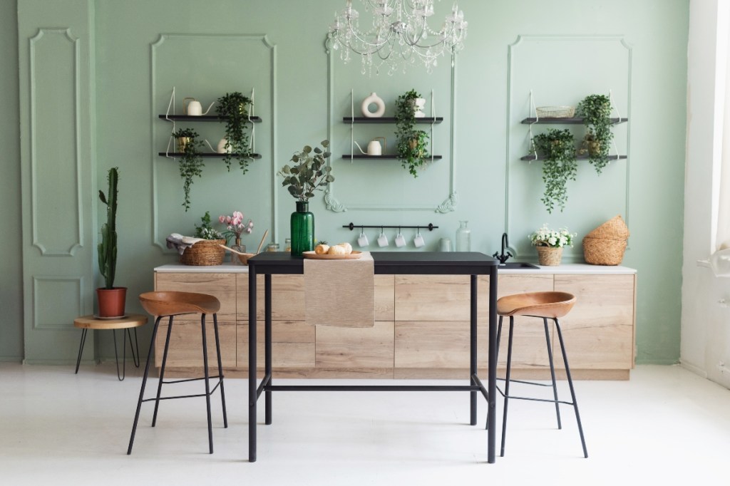 mint walls in midcentury modern dining kitchen area