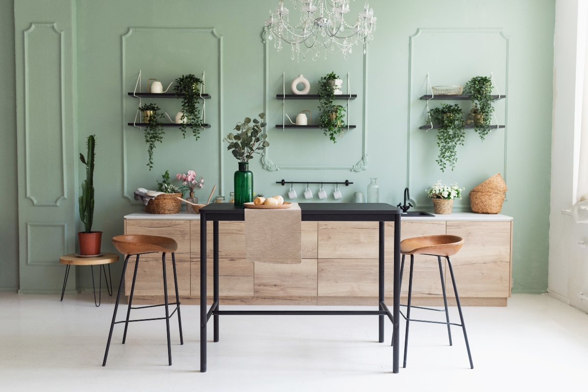 mint walls in midcentury modern dining kitchen area