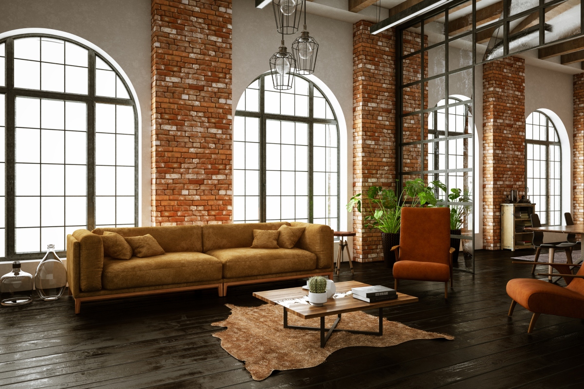 contemporary industrial living room with warm color palette