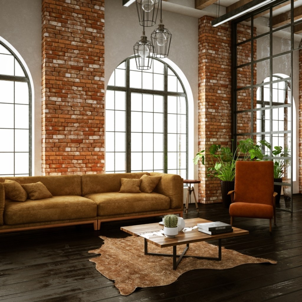 contemporary industrial living room with warm color palette