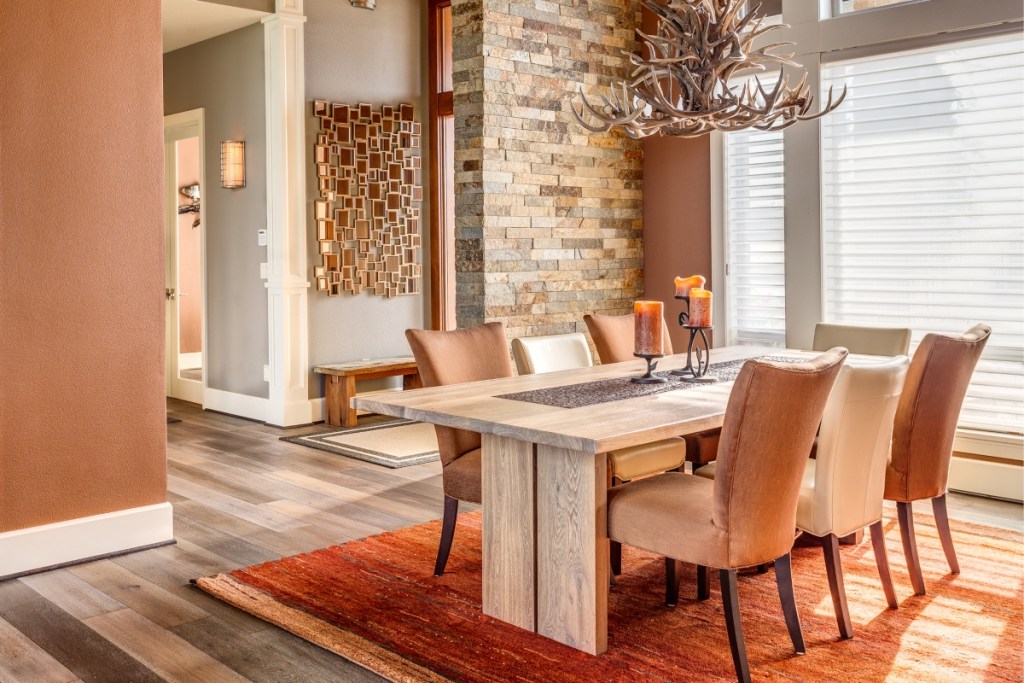 Orange and beige luxe dining room aesthetic for rustic design