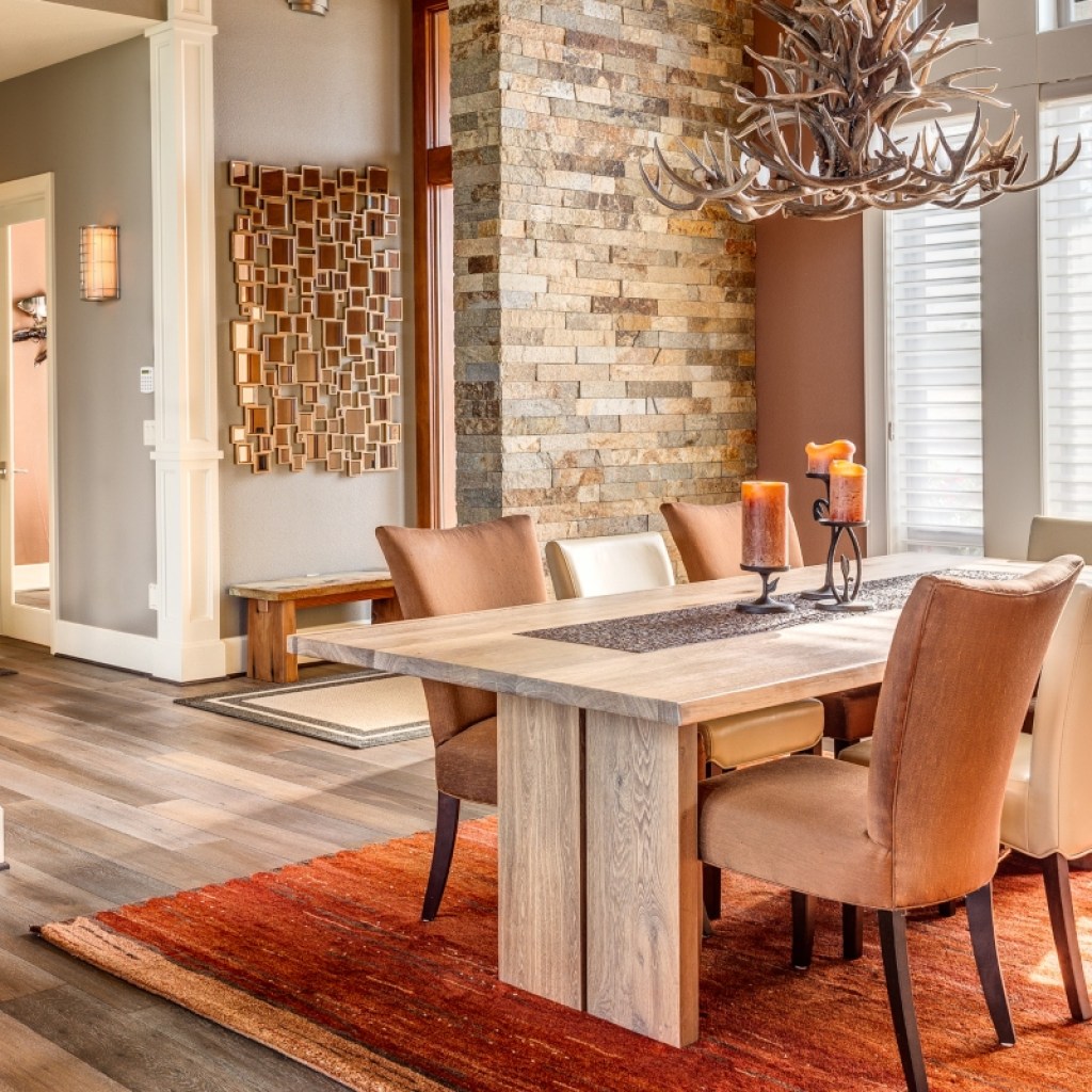 Orange and beige luxe dining room aesthetic for rustic design