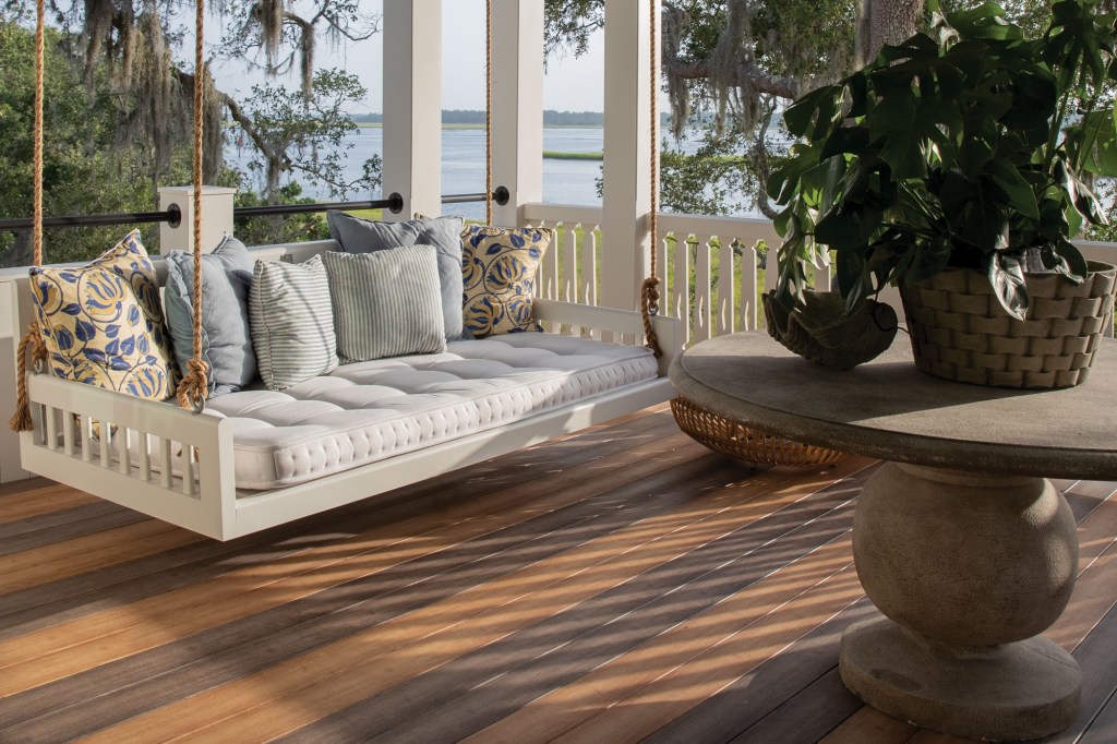 outdoor deck with wood stain and simple decor
