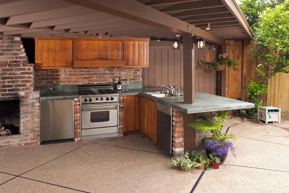 Outdoor patio space with kitchen area