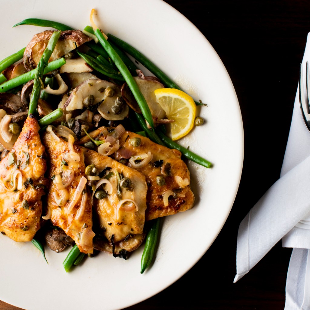 Overhead of Chicken Piccata meal.