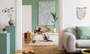 Sage green accent wall and decor in modern home design