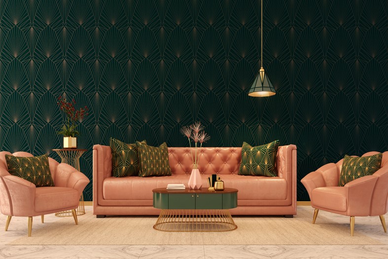 Green wallpaper with pink art deco sofa design