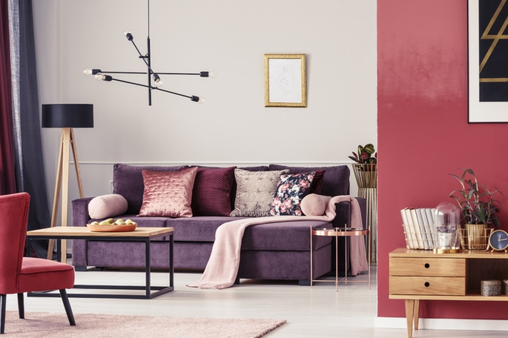 vibrant purple and beetroot color palette in living room