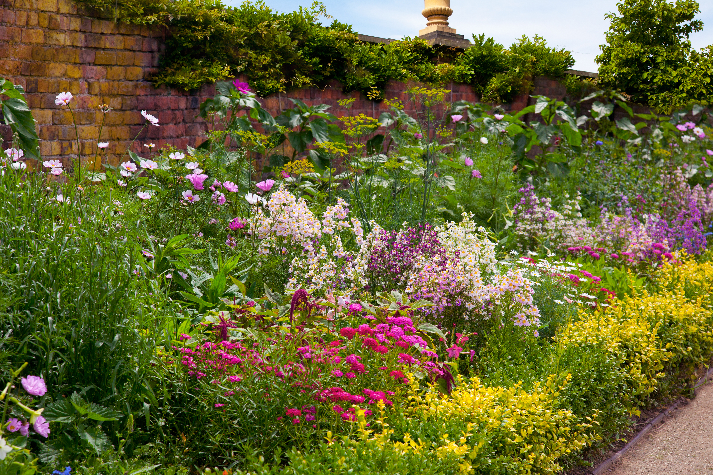 English garden with brick wall