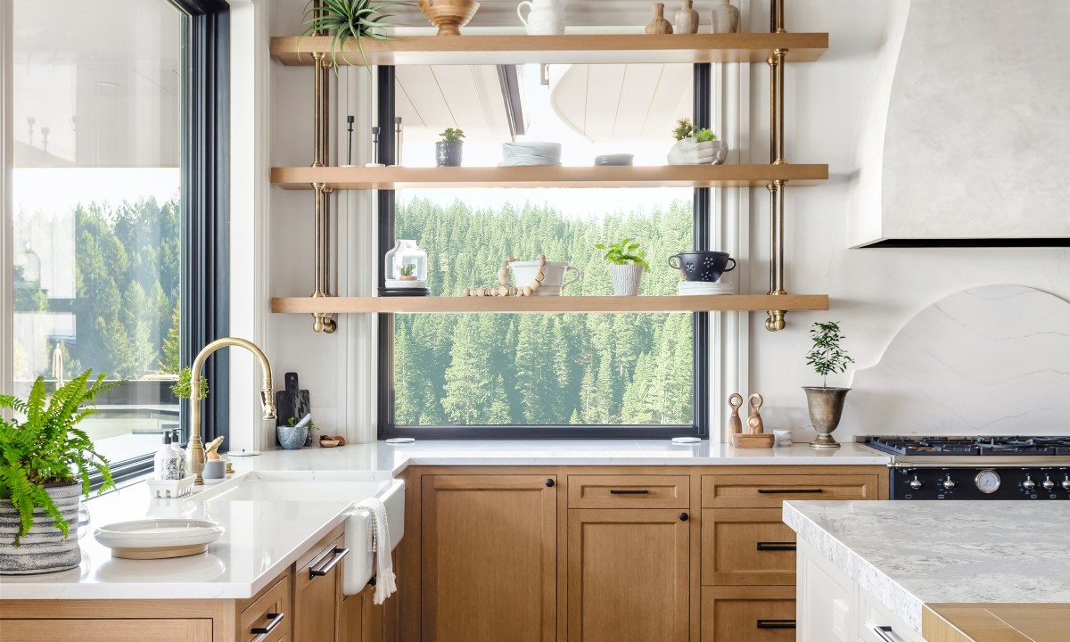 farmhouse style kitchen with open windows and shelving