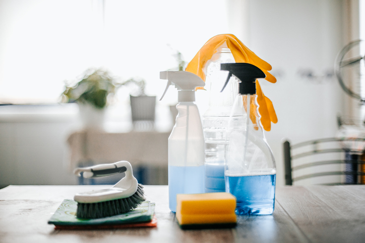 Cleaning supplies on a countertop