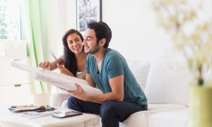 Couple sitting on sofa in living room
