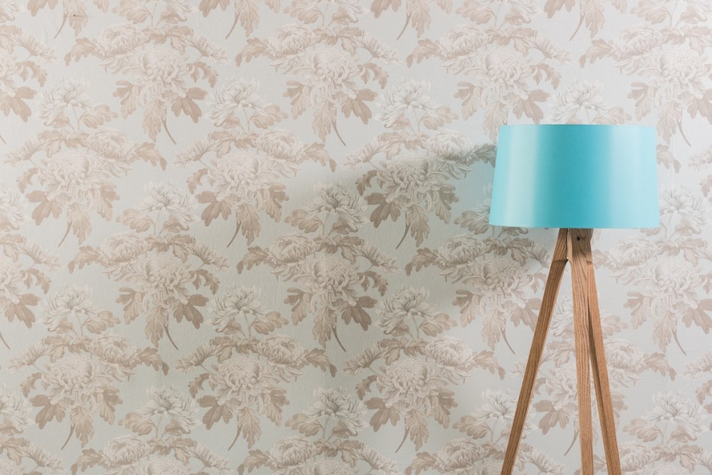 mid century modern wallpaper pink print with blue lamp