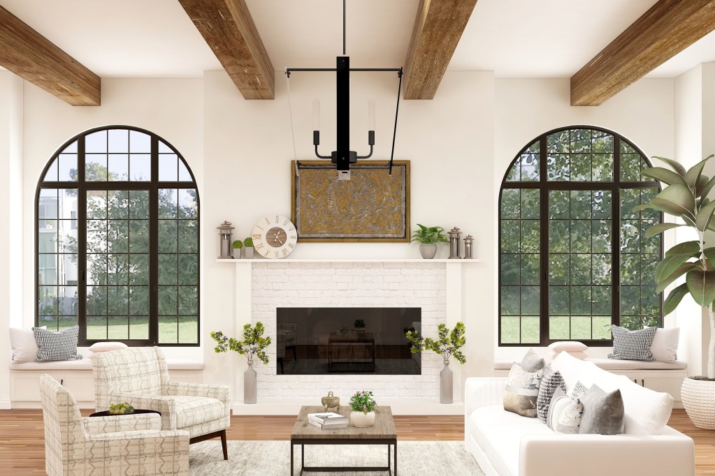 Modern farmhouse living room with exposed wood beams