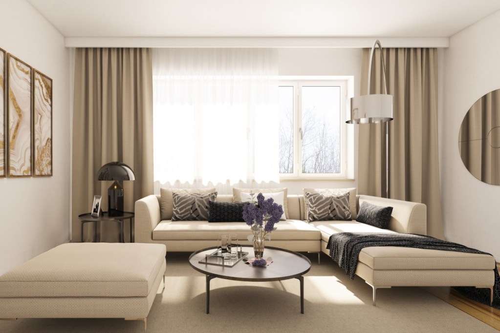 Neutral living room with tall curtains