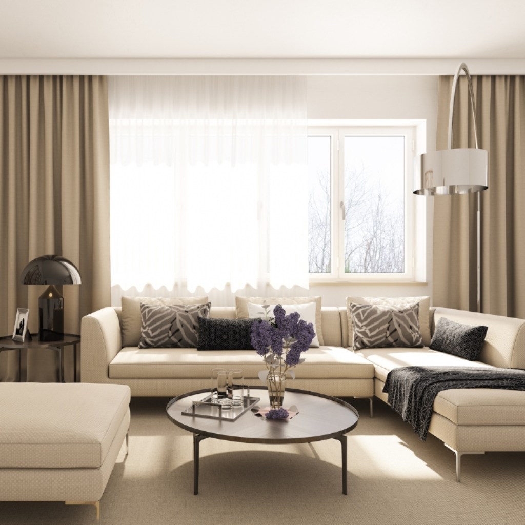 Neutral living room with tall curtains