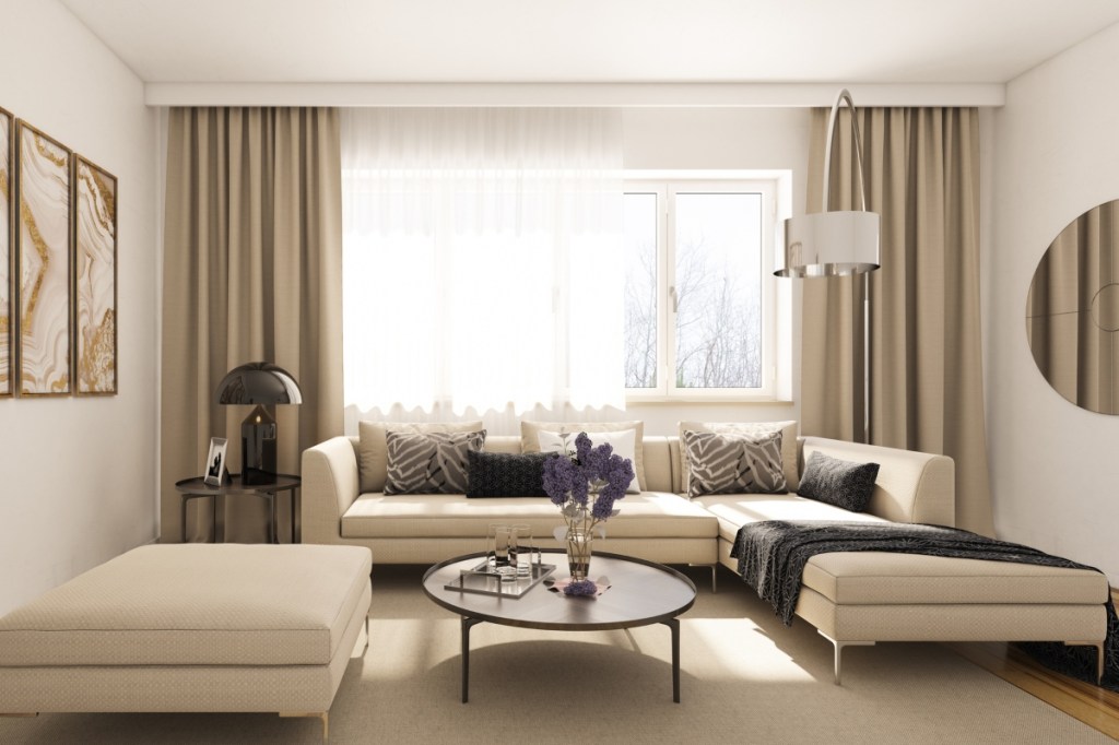 Neutral living room with tall curtains