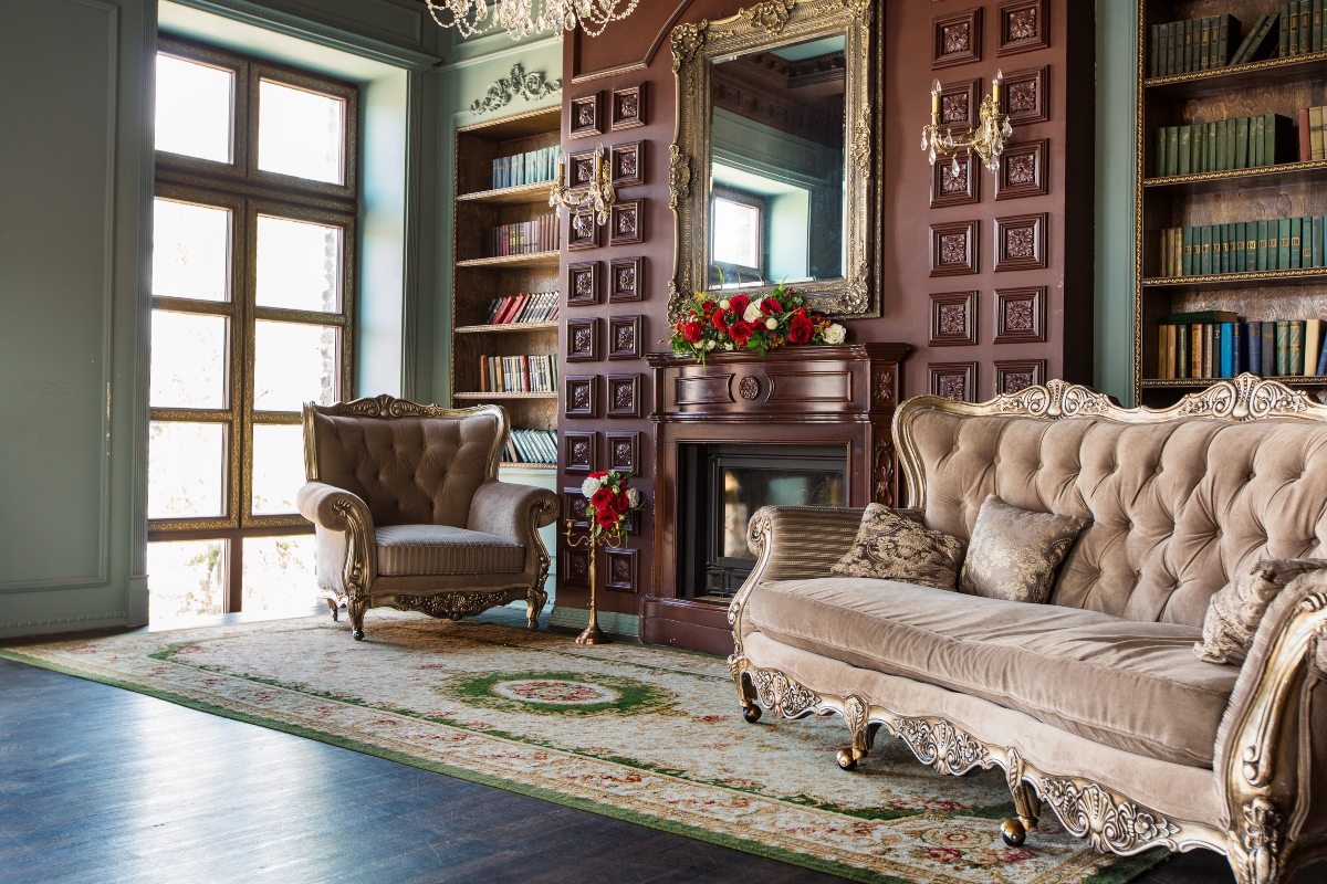 dark and ornate regency inspired home library design