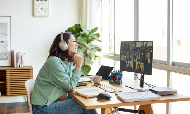 Person sitting at home office desk in front of window on computer