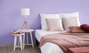 Purple bedroom with dusty pink bedding