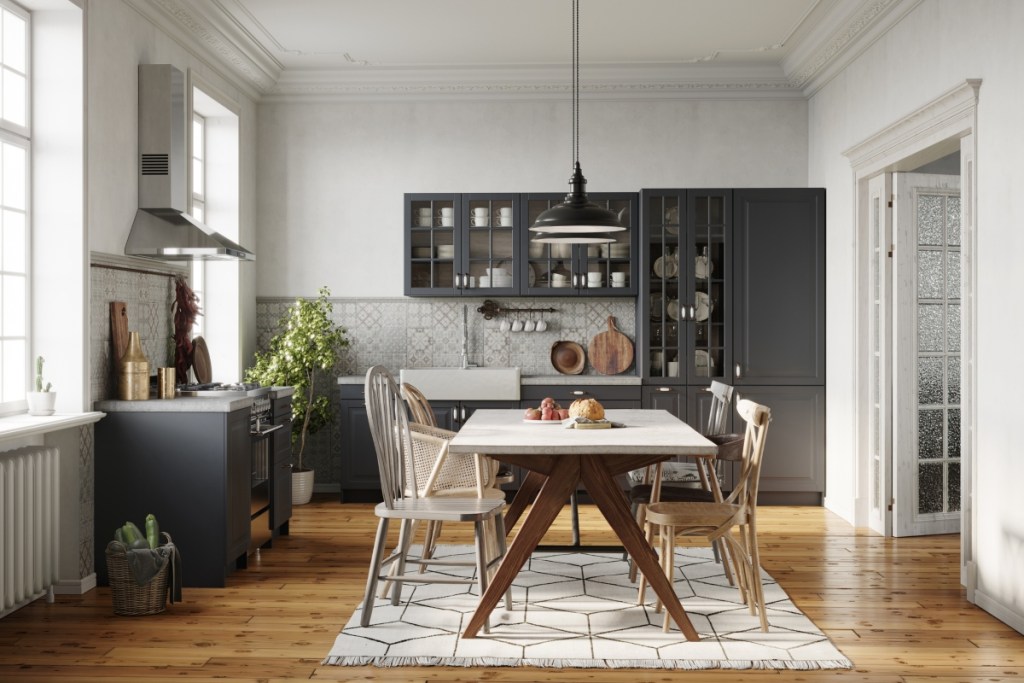 Small kitchen and dining room with black and white modern home design