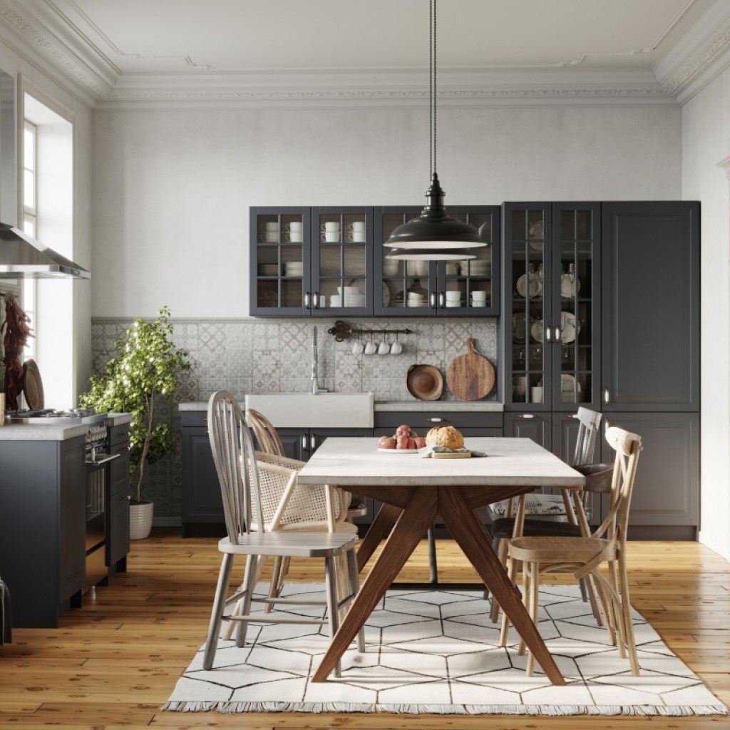 Small kitchen and dining room with black and white modern home design