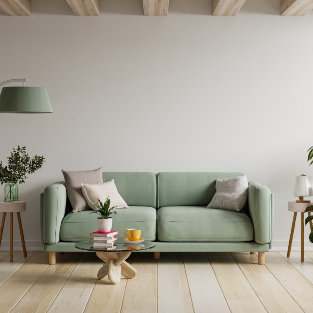 small living room design with pastel green sofa