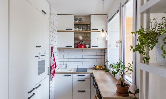 Small white kitchen with large windows
