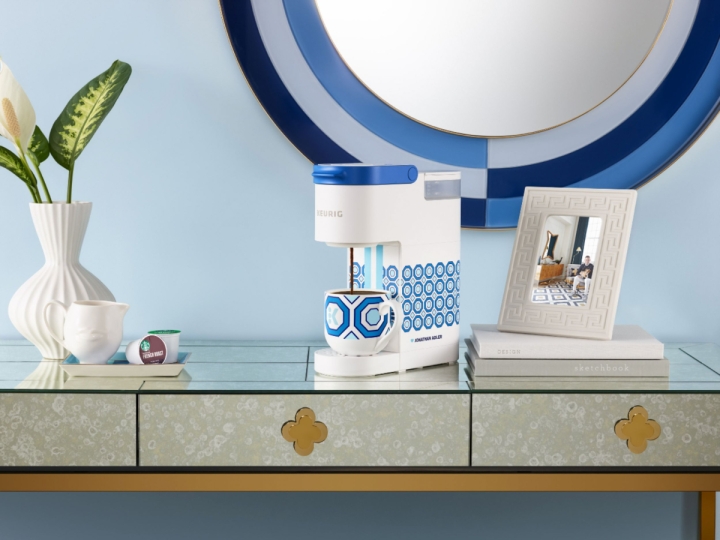 Jonathan Adler limited edition Keurig K Mini Coffee Maker on counter.
