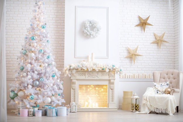 White Christmas tree with pastel decorations