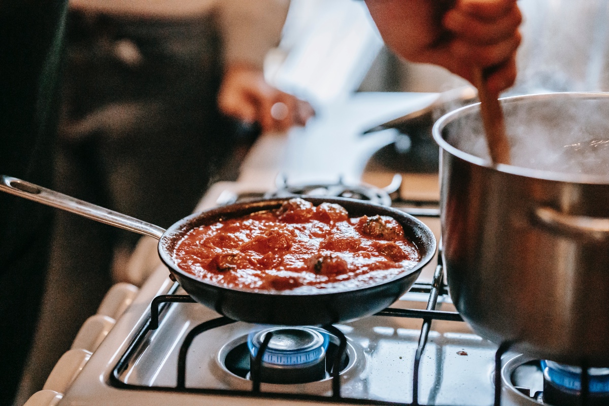 Cooking dinner on a gas stove