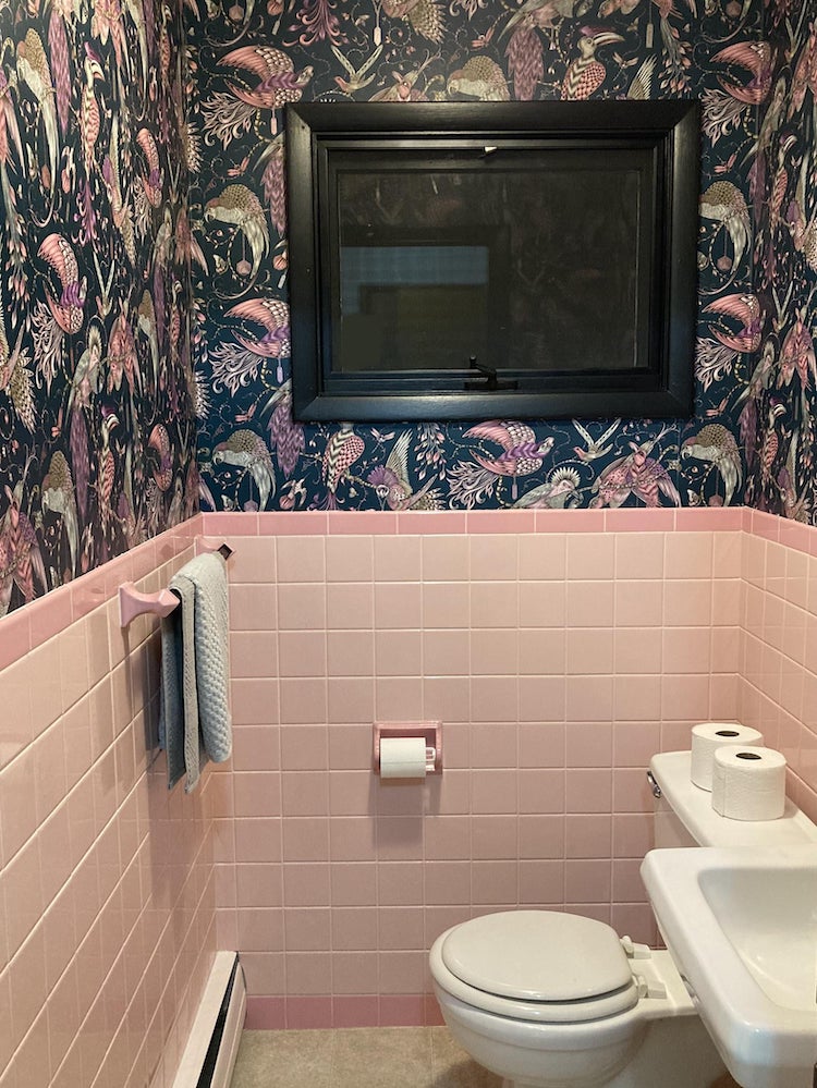 pink bathroom wallpaper before and after