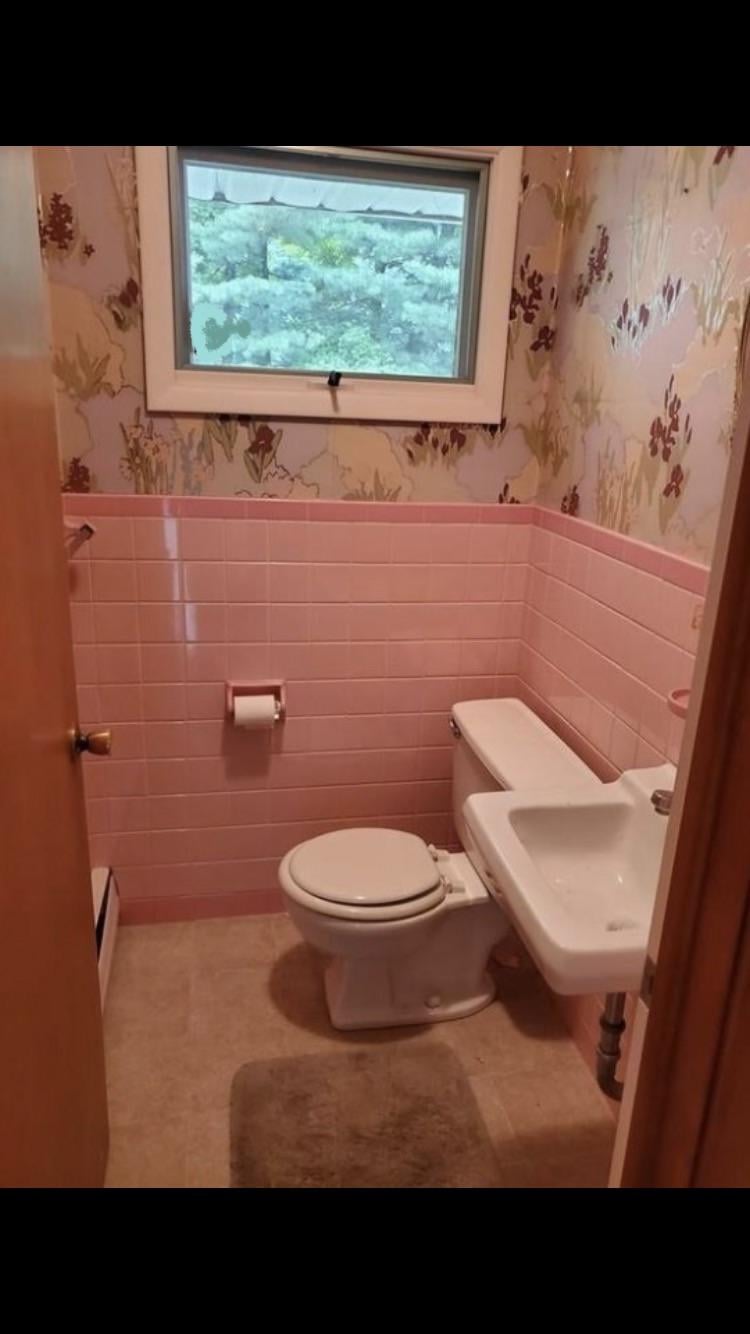 pink bathroom wallpaper before and after