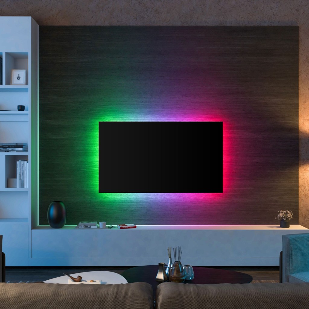 Game room with large flat-screen TV and LED lighting