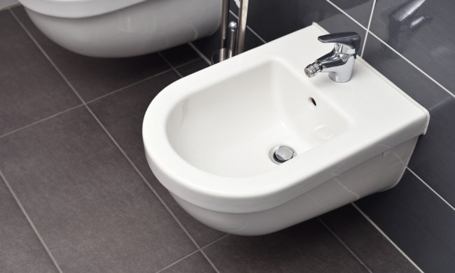 White bidet screwed to a gray-tiled wall