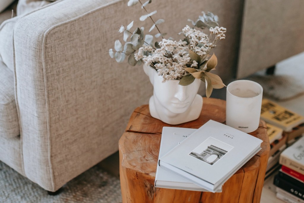 Wood log side table in modern living room