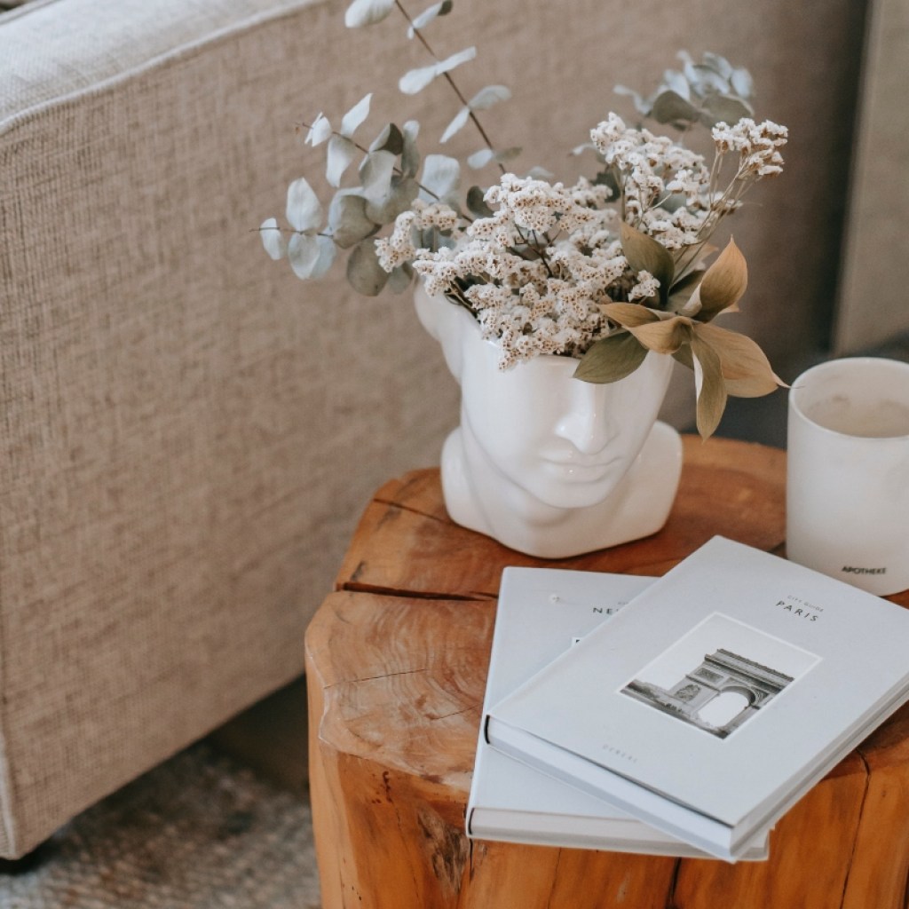 Wood log side table in modern living room