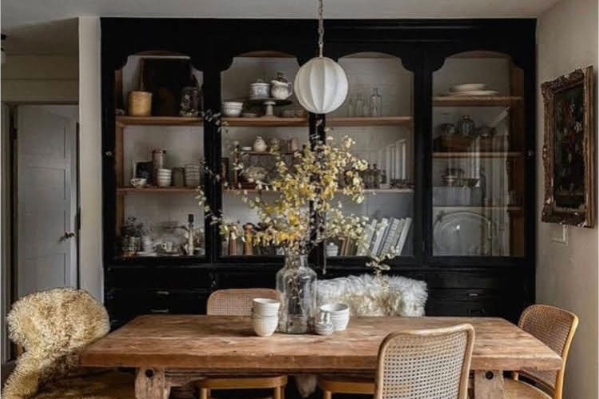 Rustic dining room with black built-ins