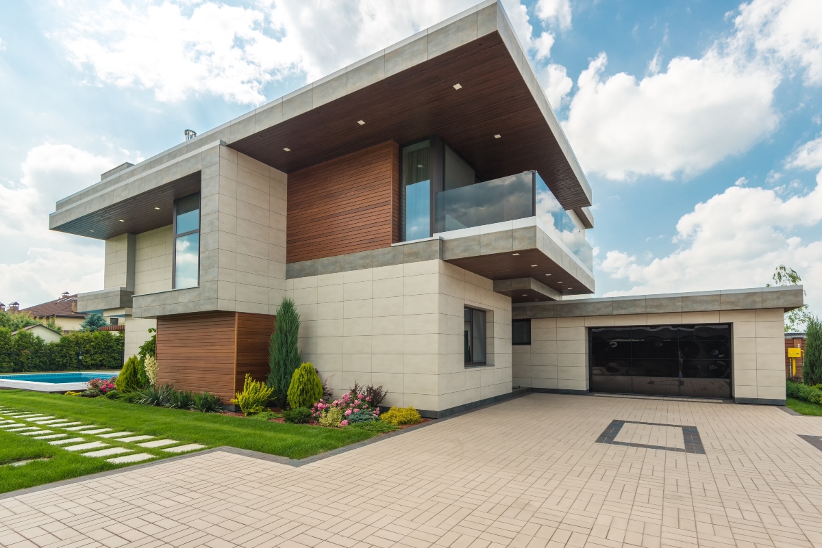 Modern house with a brick driveway