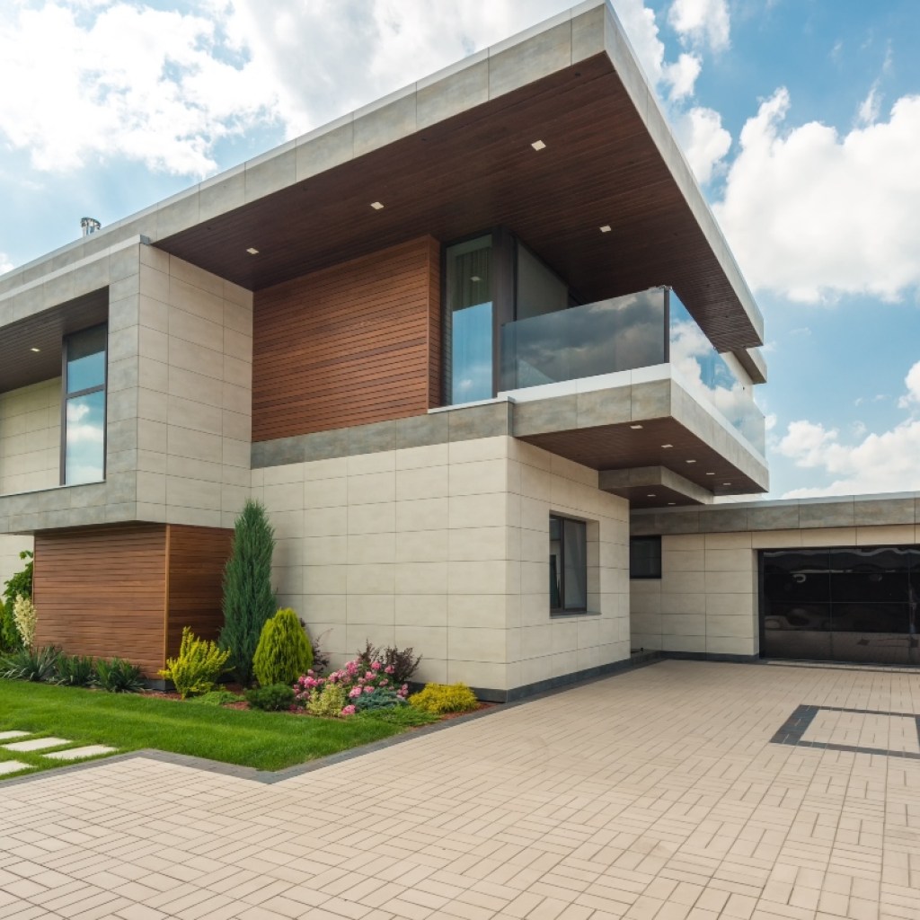 Modern house with a brick driveway